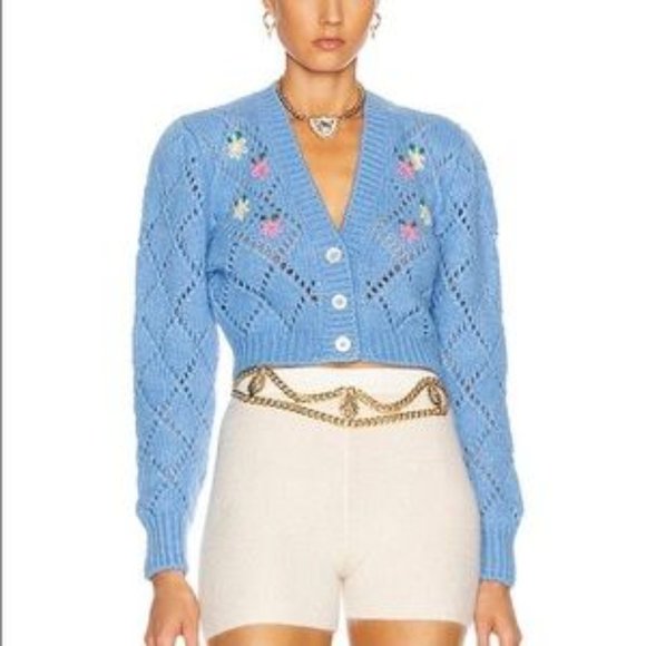 ALESSANDRA RICH Blue Embroidered Pointelle Cropped Cardigan IT 38 - Picture 3 of 8